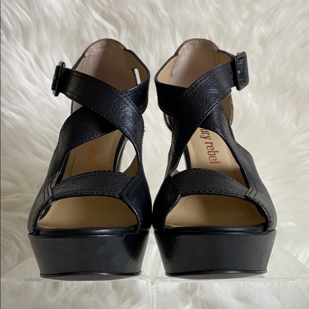 Black Tan Python Leather Platform Strap Heels Sz 7 - image 7